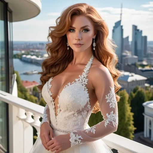 Prompt: Gorgeous ultra-muscular 25-year-old Finnish goddess bodybuilder with huge busom and ridiculously long wavy auburn hair wearing an elegant white wedding dress, standing on the balcony of her luxurious mansion overlooking the city skyline. She has soft makeup and hair styled into loose waves with bangs. The gown features delicate lace detailing along its bodice and halter neckline, complemented by sheer sleeves that accentuate her figure's curves. Her pose is confident yet graceful as she gazes out at the horizon, embodying grace and elegance in timeless beauty in the style of a classic painting