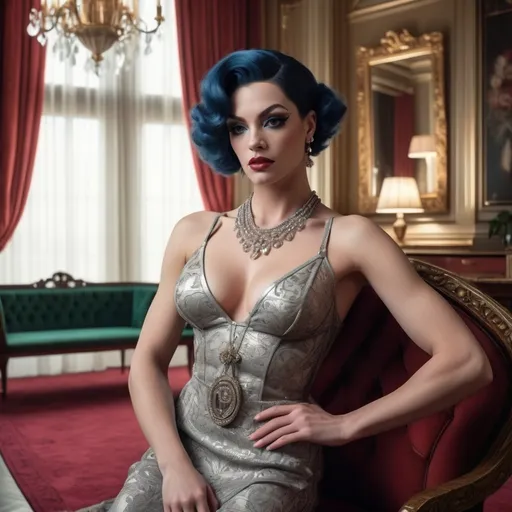 Prompt: A stunning, cinematic gigapixel photo masterfully blending photography and digital art, enhanced by the power of Unreal Engine 5 and NVIDIA Ray Tracing technology. The scene transports us to a luxurious drawing room in the 1920s, where a gorgeous, muscular 25-year-old British drag queen (strong masculine facial features) bodybuilder in an exquisite, flowing dress stands amidst opulent furnishings and intricate details. She holds a delicate fan, her thoughtful and melancholic expression hinting at the complex social games and intrigues of the era. The composition captures the glamour and elegance of the time, with a focus on the detailed interiors and her subtle facial expressions, reflecting the layered emotions and societal expectations of women during that time., cinematic, photo, fashion