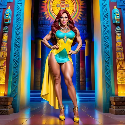 Prompt: Hi-res, 8k hd, Full body photography, Gorgeous ultra-muscular Mexican drag queen Goddess, 45 years old, ultra-long frizzy dark red hair, hazel eyes, long muscular legs, muscular physique, immaculate makeup, smiling, lush curvy figure, gree blue & yellow print minidress, yellow 8 inch high heel shoes, standing in front of ((Aztec temple, Templo Mayor))at night, fog, 8k photo, ads-fashion editorial, elegant, stylish, Japanese culture, detailed features, highres, natural lighting, vibrant colors. Full length photography, full body photography. Ultra-detailed,  ultra-realistic. 
