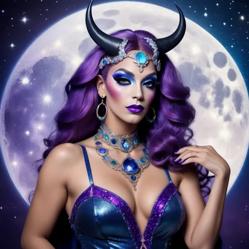 Prompt: Astrology Sign Taurus the gorgeous 25-year-old drag queen Goddess, with her arms crossed,  the Moon in the background