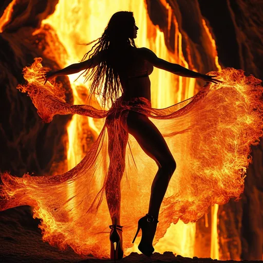 Prompt: very muscular dancing female, dancing on fire, silhouette, lava, long flowing fire gown, very well endowed, long wavy fiery hair, long muscular legs, 8 inch stiletto high heel shoes, very muscular dancing female, mystical background, 