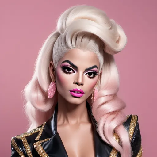 Prompt: Photorealistic, 8k, full length, Michael Jackson dressed up as an attractive spoiled bratty drag queen, she has strong masculine facial features, plump pouty oversized lips, duck lips, Chiseled strong masculine jawline, masculine brow, muscular physique, huge platinum pink bouffant hairstyle with beehive bun and long extensions, wearing a cute 1950s style dress and 8 inch stiletto high heels, extremely heavy chav makeup style, she is walking,