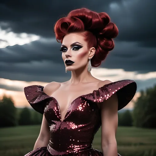 Prompt: Gorgeous muscular 25-year-old Czechian drag queen with long dark red flowing updo hair, dark eyeshadow and dark lipstick, long flowing sequined gown, romantic outdoor setting, dramatic sky, An ultra-realistic photograph captured with a Sony α7 III camera, equipped with an 85mm lens at F 1.2 aperture setting,  The image, shot in high resolution and a 16:9 aspect ratio, captures the subject’s natural beauty and personality with stunning realism –ar 16:9 –v 5.2 –style raw