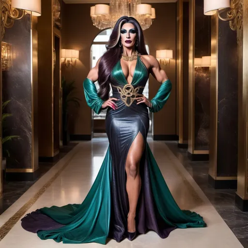 Prompt: Gorgeous muscular 35-year-old Arabic drag queen bodybuilder with long hair, dark eye makeup, dark lipstick, and large busom, wearing (Gucci Sanremo dress), elegant high-fashion design, flowing fabric with intricate draping, lush textures, shimmering elegant fabrics, (vibrant colors), modern and luxurious ambiance, (ultra-detailed), soft diffused lighting to highlight details, stylish accessories, framed by a chic backdrop that enhances the garment's sophistication.