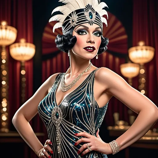 Prompt: A high definition hyper-detail live action digital photograph of a Drag queen 1920's flapper