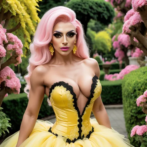 Prompt: Gorgeous ultra-muscular 25-year-old Turkish drag queen (with strong masculine jawline and brow features) bodybuilder with big busom and pink hair in a yellow mermaid wedding dress that has black lace appliques on the widest parts of the dress, but not on the top. Posing in a beautiful botanical garden.