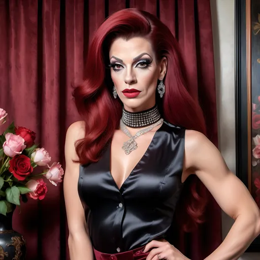 Prompt: oil painting of beautiful muscular 35-year-old French drag queen wearing an (elegant sleeveless button-up blouse, diamond choker ,) and (black fancy miniskirt ,good looking dark red hairstyle), standing (modeling pose) near a perfectly designed room with aesthetic wall and velvet curtain, vase with flowers near the woman  , good composition 