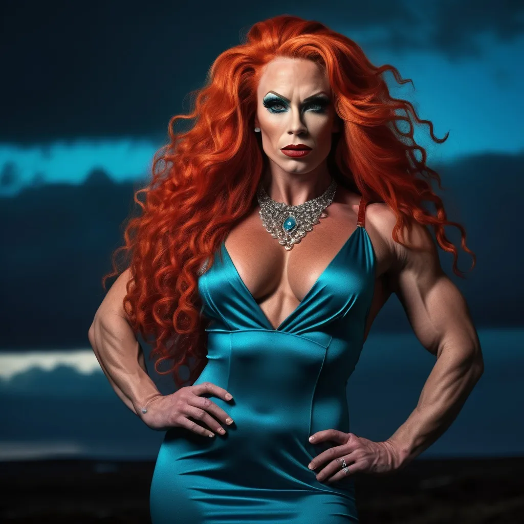 Prompt: An extremely masculine,  yet Gorgeous muscular 35-year-old Icelandic drag queen bodybuilder, stunning long cascading curly white-red hair, clear and detailed eyes, full body half side potrait of a photorealistic beautiful seductress, dark sky, gloomy, exotic teal and neon orange vintage dress, choker style colar, blue color eyes, detailed face, cyperpunk, full body, magic fantasy, wow effect, Artgerm and rubens style painting, Disney heroes are always a rewarding subject, stunning northern lights as backdrop