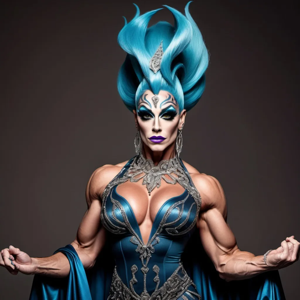 Prompt: The most beautiful caucasian drag queen bodybuilder in Hades wearing the traditional Hades dress.