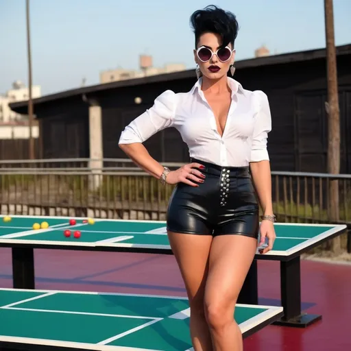 Prompt: stunningly gorgeous muscular 25-year-old 
Hungarian drag queen bodybuilder with short spiky silver &  black hair, dark lipstick, cheery, heart-shaped  sunglasses, athletic physique, Knee-length shorts, button down shirt,  8 inch stiletto high heel shoes, dark smoky eyeshadow,  heavy mascara,  dark red lipstick, sun tanned, posing at the shuffleboard court.