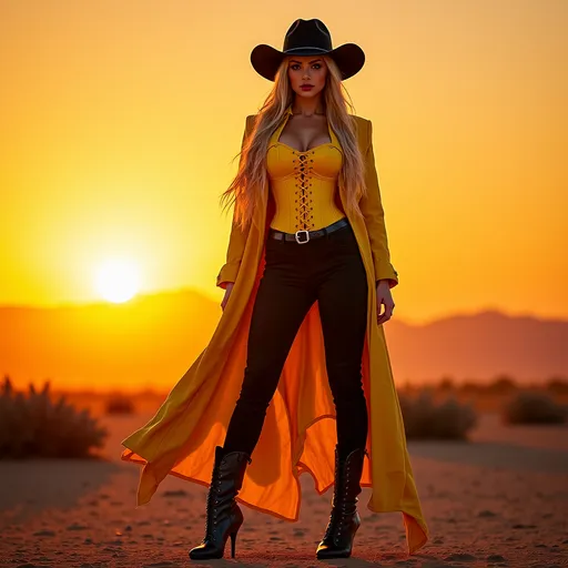 Prompt: (Gorgeous ultra-muscular 25-year-old Swedish drag queen bodybuilder cowgirl with ridiculously long strawberry-blonde hair), standing confidently in a yellow corset and elegant black pants and longcoat, cowboy hat, full body shot, vibrant desert background at sunset, warm golden and crimson tones illuminating the scene, dramatic shadows, ultra-detailed, capturing an adventurous and daring spirit, dynamic pose, rugged leather stiletto high heel boots, striking facial features, showcasing both strength and beauty.