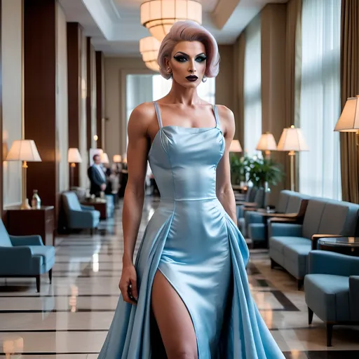 Prompt: A gorgeous  muscular 25-year-old Czechian 
drag queen wearing a powder blue silk dress with a square neck line, draped fabric on the full-length skirt with a structured bodice, dark eye makeup and dark lipstick,  8 inch stiletto high heel shoes walking through a high-quality hotel lobby. 

