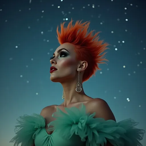 Prompt: Gorgeous ultra-muscular 25-year-old Czechian drag queen bodybuilder with short spiked swept Orange hair wearing a mint green flowy gown, dark eye shadow, heavy mascara, and dark red lipstick, staring at the stars in the sky and feeling content.