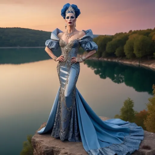 Prompt: This image shows a statuesque 35-year-old French drag queen standing on a cliff overlooking a tranquil lake at twilight. Her elegant attire features intricate details and luxurious fabrics, with exquisite jewelry adding to her regal presence.