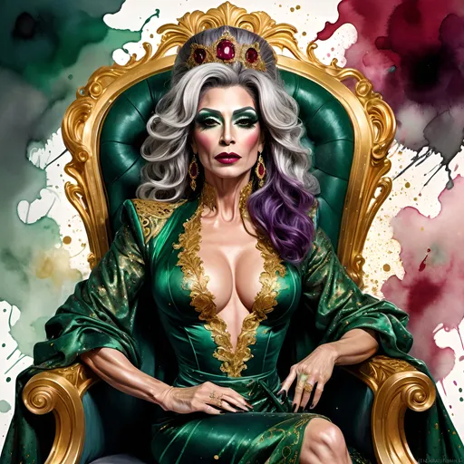 Prompt: a gorgeous muscular 45-year-old Turkish drag queen, salt & pepper hair, detailed ornate emerald and ruby cloth robe, dark eye makeup and dark lipstick, dramatic lighting, digital watercolor painting, paint splatter, bold brush strokes, art nouveau, majestic queen sitting on her throne (made of gold) in an elegant (colorfull flower dress), ornate very big throne with  diamonds and flowers adorned with delicate mycstical (colorfull) and glimmering (diamonds), mythical  looming behind, captivating atmosphere, dramatic lighting, ethereal ambiance, richly detailed backgrounds, (HD, ultra-detailed) fairy-tale setting, tension filled with reverence and power.