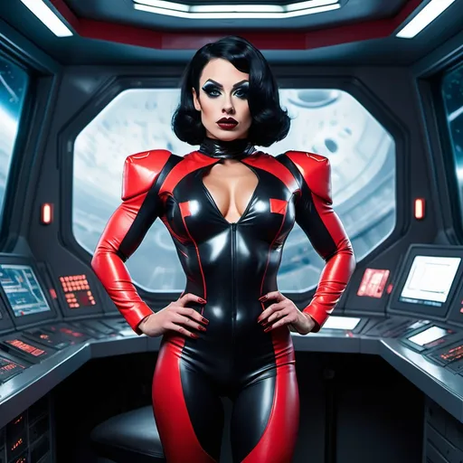 Prompt: (A full body image) A gorgeous muscular 25-year-old Slovenian drag queen bodybuilder with big busom, short black hair (with red highlights), dark eyeshadow, and dark red matte lipstick, wearing the captain's uniform of a future space battleship, in the vast command center of the spaceship, Tight vinyl suit, 
The huge transparent glass in front clearly shows the scene of outer space. The command center is full of avant-garde future equipment.
hyper detailed, ultra realistic, highly detailed, surreal heavy mist, AI defined exquisitely beautiful, totally ultra realistic young adult Korean, gorgeously detailed facial features,  perfect body proportions, ultra pale, ultra glamorous, perfect shading, impeccable contrast, HDR, UHD, high res, 64k