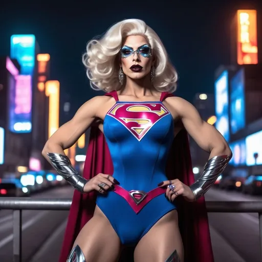 Prompt: Gorgeous muscular cyberpunk drag queen Supergirl, great legs, crystal high heels,  dark lipstick.
