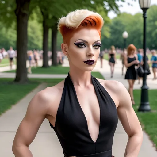 Prompt: A gorgeous muscular red-headed 25-year-old Czechian drag queen with a cute platinum blonde swept over pixie hair, with  strong masculine facial features,  dark eyeshadow and dark lipstick,  wearing a Knit Pleat-Back Dress, and 8 inch stiletto high heel shoes,  walking through Grant Park in the summer.