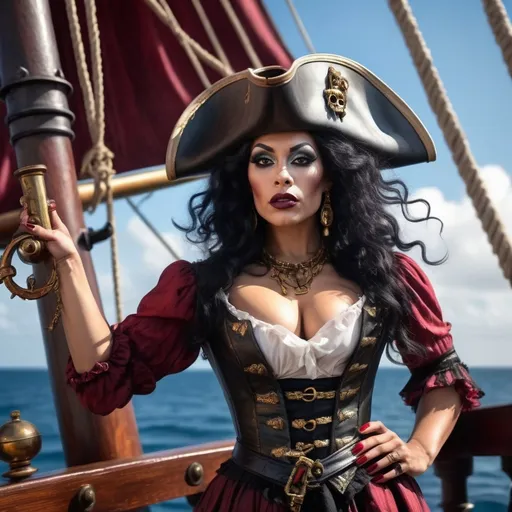 Prompt: A stunning, hyper-realistic and vividly colored depiction of a gorgeous muscular 35-year-old Caribbean pirate drag queen (dark eyeshadow, dark red matte lipstick, black hair, abd big busom) in the 1860s. She stands confidently at the bow of a majestic pirate ship, holding a telescope as she searches for her next prey.