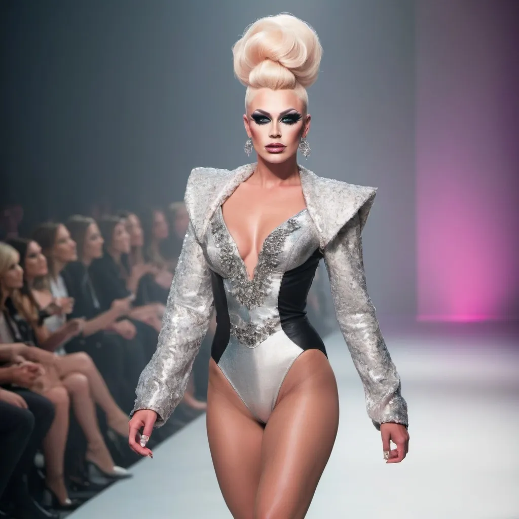 Prompt: Gorgeous statuesque 25-year-old Norwegian drag queen runway model walking the catwalk at a fashion show.