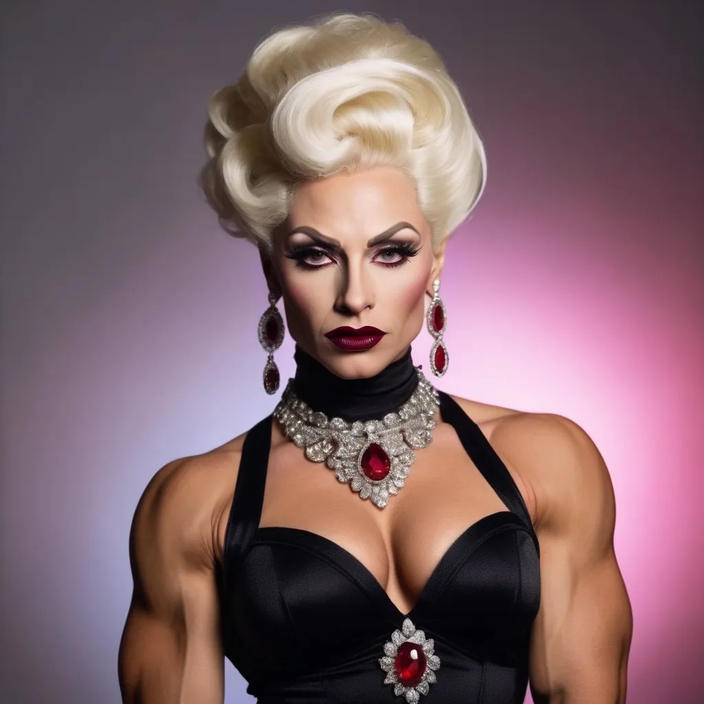 Prompt: Glamorously dressed gorgeous muscular 35-year-old olive-skinned Russian drag queen bodybuilder (platinum blonde hair, dark lipstick, drag queen facial features) of the 1990s, adorned with exquisite ruby jewelry, ruby vintage fashion with elegant silhouette, intricate details in designer clothing,  luxurious ambiance, soft lighting.