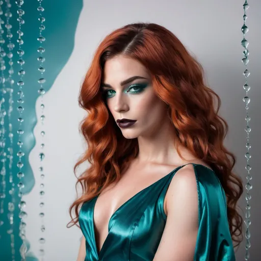 Prompt: The image is a full body portrait of a gorgeous muscular 25-year-old French transwoman with dark orange wavy hair, dark eyeshadow,  and dark lipstick (with strong masculine jawline and brow) posing in a teal satin dress. She is standing in front of a white wall with water droplets cascading down it. The dress is made of a shiny, satin-like material and has a high neckline with a lace overlay. The drag queen is wearing large, dangling earrings. She has a gold clutch in her hand and is looking directly at the camera with a serious expression. The overall mood of the image is elegant and sophisticated.