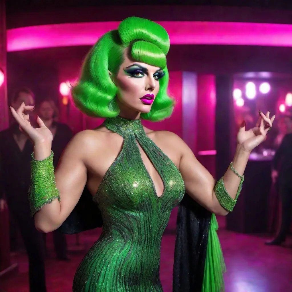 Prompt: image of Tom Cruise dressed as a gorgeous 25-year-old full figured Czechian drag queen wearing a flamboyant, yet conservative black neon green and neon pink Bob Mackie designer Gown, heavy eye makeup,  dark red lipstick, posing in a smokey Cabaret. hyper-realistic quality, ultra-detailed 4K imagery.