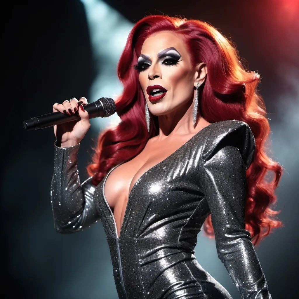 Prompt: Gorgeous muscular 35-year-old superstar drag queen (strong masculine jawline and brow features) with long flowing bright red hair, dark eyeshadow, and dark red lipstick. Glittery sparkly knee-high sliver high heel boots.  Singing at a big concert 