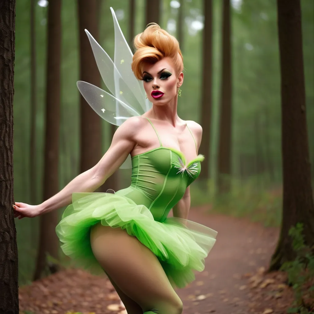 Prompt: Gorgeous 25-year-old (caucasian) muscular French drag queen ((strong masculine jawline and brow)) with fit figure, and long strawberry-blonde updo hair (((blowing in the wind))), dressed as Tinkerbell, sheer nylon stockings, and 8 inch stiletto high heel shoes, posing in the forest, pixie dust in the air..