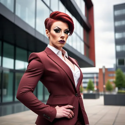 Prompt: Gorgeous, sophisticated, muscular, 25-year-old British drag queen bodybuilder with short sassy stylish dark red hair dressed in a (tailored suit), standing confidently in front of a modern building, (urban environment), visionary atmosphere, (photorealistic), sharp focus, bright daylight illuminating the scene, emphasizing the structure and sign, inviting ambiance, high quality image, (4K), capturing a dynamic blend of professionalism and ambition.