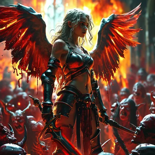 Prompt: Gorgeous angel warrior fighting her way through hell with only a large sword. Bloody demon hoard in background. 