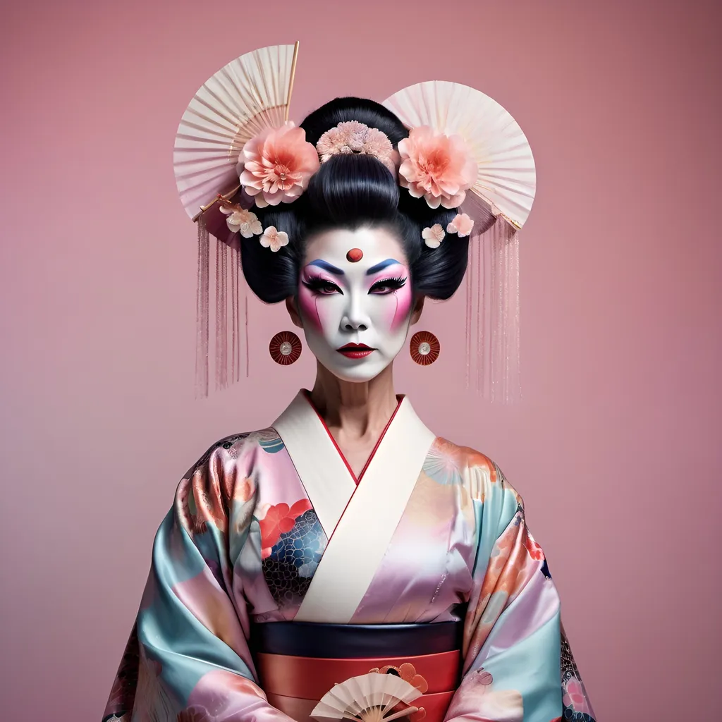 Prompt: Gorgeous muscular 55-year-old Japanese drag queen dressed up as a Avantgarde geisha, (innovative styling), pastel colors, intricate patterns, striking makeup, (dramatic hairstyles), seamless blend of tradition and modernity, (elegant pose), atmospheric background with abstract elements, captivating and surreal vibe, (highly detailed), enchanting yet edgy aesthetic, (4K quality), intriguing juxtaposition of vintage and contemporary.