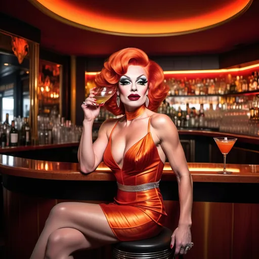 Prompt: A gorgeous ultra-muscular 25-year-old Dutch drag queen bodybuilder wearing a red short dress with very short wavy bright orange hair and dark red lipstick and silver 8 inch stiletto high heels sitting at a luxurious bar drinking a martini