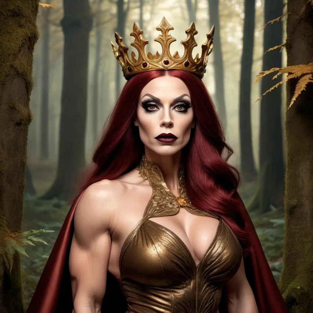 Prompt: a gorgeous muscular 35-year-old British drag queen bodybuilder princess with big busom, dark red matte lipstick, and burnt irange hair wearing a  bronze and gold gown standing in a forest with a crown on her head and a cloak over her head, Dirk Crabeth, gothic art, fantasy style, a storybook illustration