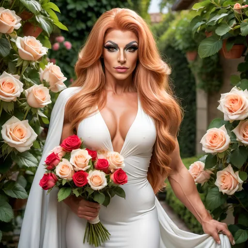 Prompt: Create a portrait of a gorgeous muscular 25-year-old Italian drag queen bodybuilder with long, flowing strawberry-blonde hair, wearing a white dress and holding a bouquet of roses. The background should be a beautiful garden scene with lush greenery and vibrant flowers.