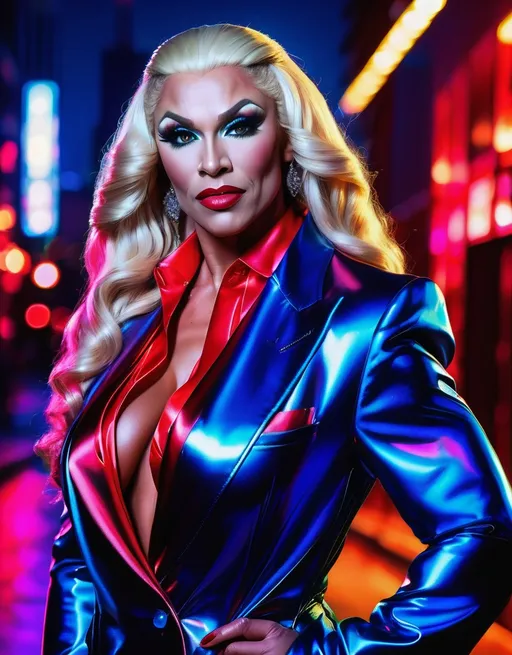 Prompt: A Gorgeous muscular 35-year-old Norwegian drag queen bodybuilder (masculine facial features) with large busom, wearing a tailored red silk suit, ridiculously long wavy black hair, Northern lights background, urban night background, fashionable, 8 inch stiletto high heel shoes, fingers in jacket pockets, neon lighting, highres, detailed, urban, androgynous, blue silk suit, narrow tie, short hair, urban night, fashionable, night lights, neon lighting, urban fashion. Composition focus on muscular physique. 