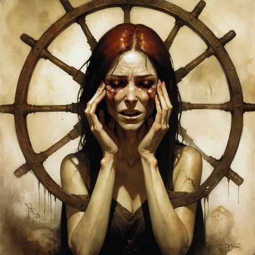 Prompt: a painting of a woman with her hands on her face and hands on her face, with a wheel in the background, Ben Templesmith, antipodeans, elden ring, concept art