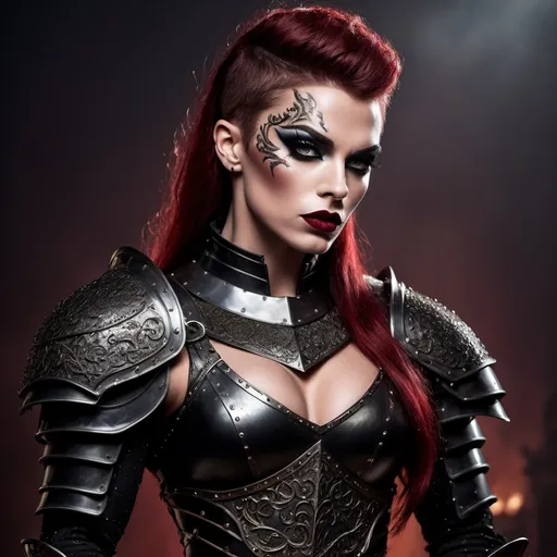 Prompt: A gorgeous muscular 25-year-old British drag queen (medieval knight), (black armor), gripping sword in hand, fierce expression (strong masculine jawline and brow features), dramatic pose, intricate armor details, dark and moody color palette, dark eyeshadow and dark red lipstick, cinematic lighting, highly detailed, stormy background, strong and powerful presence, evokes a sense of bravery and strength, captivating and intense atmosphere, ultra-detailed, 4K resolution, ready for battle. Full body view