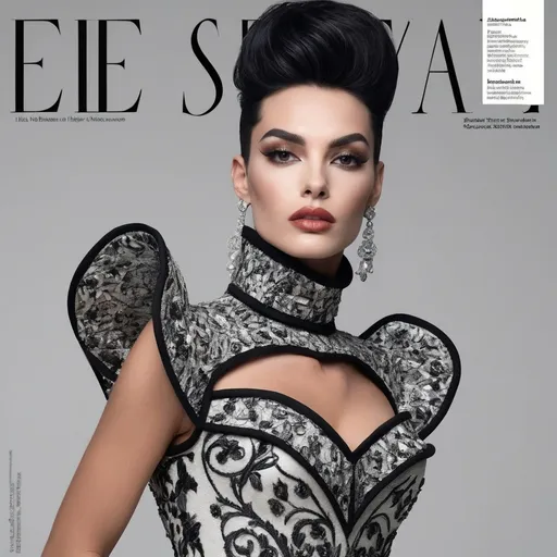 Prompt: A mesmerizing portrait graces the cover of an elite fashion magazine, capturing the essence of high-end sophistication. Set against a Cloud-white backdrop, the gorgeous, muscular, French drag queen (slight masculine jawline and brow features), model exudes confidence and allure, Large busom, adorned in exquisite fashion garments that epitomize elegance and class. This breathtaking image transcends traditional notions of style, embodying an innovative vision of haute couture that pushes the boundaries of modern aesthetics.