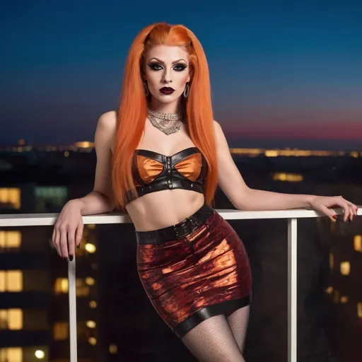 Prompt: Generat a 64k hi-res hd detailed digital photograph of a Gorgeous, athletic, muscular 25-year-old Macedonian drag queen (masculine facial features) l with long straight shiny orange hair wearing a cute Celine skirt, a corsetted top, sheer leggings, and 8 inch stiletto high heel shoes.  Dark eye shadow and dark red lipstick. Posing on a balcony high about a city at dusk during a party.