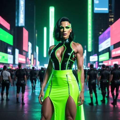 Prompt: Gorgeous muscular 35-year-old French drag queen (strong masculine jawline and brow features) with black hair wuth neon green highlights asymmetrical skirt that is mid calf in black with electric green trim in a cyberpunk style standing in cyberpunk city with neon lights city on Mars in future, neon billboards, skyscrapers