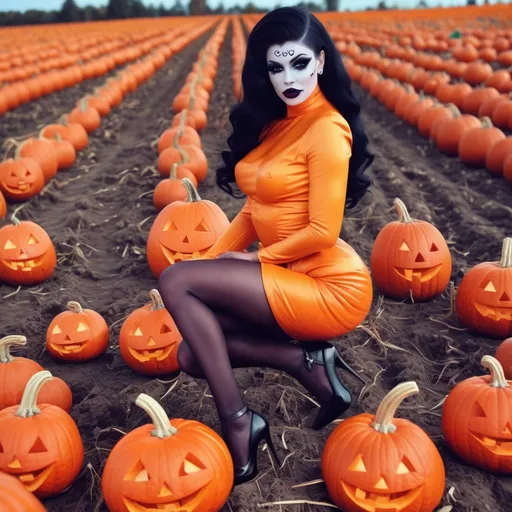 Prompt: If a Jack-o-lantern was a gorgeous 25-year-old drag queen with dark eye makeup,  dark lipstick,  8 inch stiletto high heel shoes.  Pumpkin field.