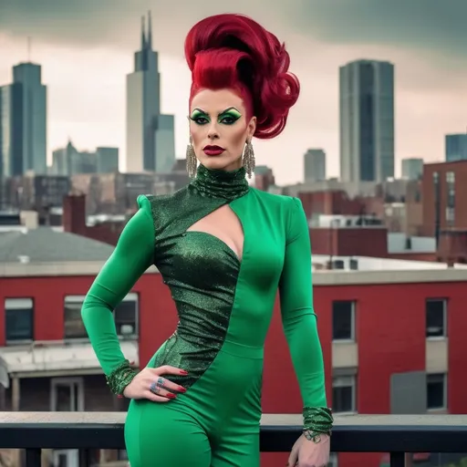 Prompt: Generate a photograph: A handsome man is dressed up as a Gorgeous muscular 25-year-old Belgian DRAG QUEEN (classic drag queen facial features) with very long dark red tight updo hair in a green outfit and 8 inch stiletto high heel shoes, with a cityscape background, Erlund Hudson, transgressive art, promotional image, a character portrait