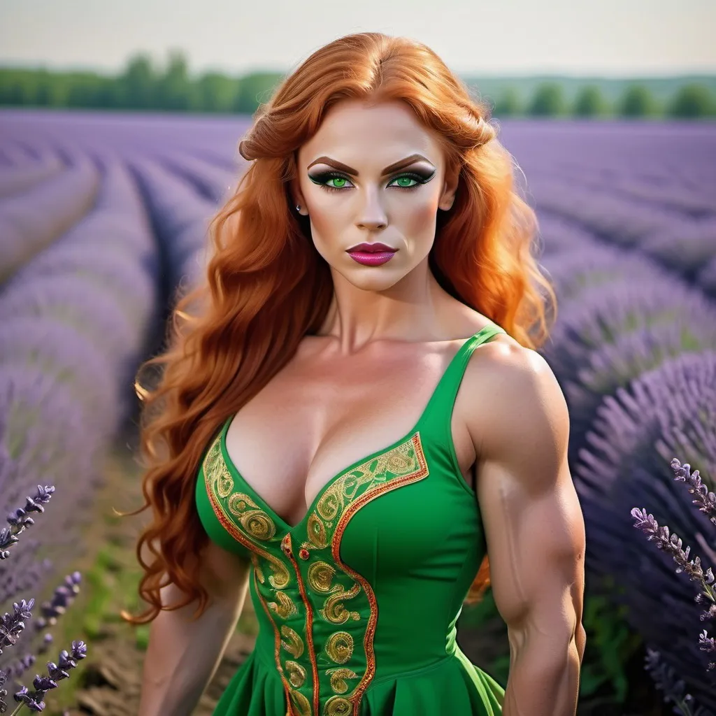 Prompt: Generate gorgeous muscular 25-year-old Ukrainian drag bodybuilder (very strong masculine jawline and brow features) with big busom, long wavy bright red hair and green eyes, she is dressed in traditional Ukrainian dress and 6 inch stiletto heels, dark eyeshadowand dark liostick, she is running thru the lavanda field, her arms are up to the sun , she is smile and her face is shine with positive mood and talking phone