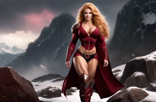 Prompt: Digital Art, gorgeous ultra-muscular 25-year-old viking goddess bodybuilder with huge busom and ridiculously long wavy strawberry-blonde hair, dark red gear, dark red clothes, subtle smile, dark red eyes, a dark red long-sleeve shirt, textured skirt down to knees, dark red pants, dark red armor, 8 inch stiletto high heel boots, dark red gear, unreal engine 64k octane, hdr, 3d lighting, full body, full armor