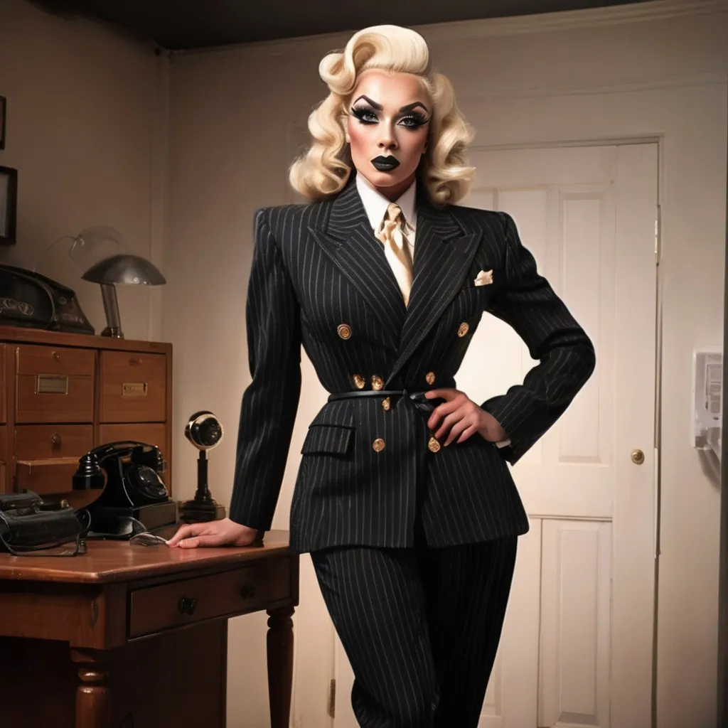 Prompt: (photorealistic) gorgeous muscular 25-year-old British drag queen bodybuilder (with large busom, dark eyeshadow, and dark lipstick) as a private eye in 1945, (intense expression), wearing a black double-breasted pinstripe trouser suit, tied to a chair with white ropes, (dimly lit) storeroom filled with wooden crates, shadows creating an atmosphere of suspense, intricate details, high contrast, (4K clarity), dramatic and cinematic ambiance.