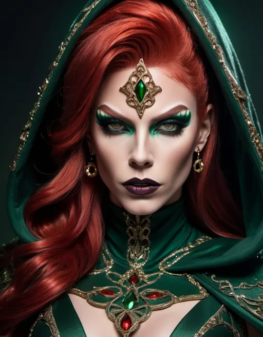 Prompt: a bright red haired, muscular, caucasian drag queen rogue, in a dark green hooded clothes with ornaments, dynamic full body pose, dark eye makeup,  dark lipstick, A surreal, dreamlike scene .This stunning image captures the essence of a powerful character, rendered in intricate detail and  the meticulous depiction of flowing hair, intricate armor, and determined expression. An old castle in backgraund