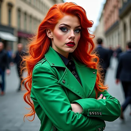 Prompt: single Czechian drag queen, beautiful, street, realistic, Hipster kiyafetleri, Swag kiyafetler, Stil kiyafetler all in green. Heavy mascara,  dark red lipstick,  burnt orange hair. 8 inch stiletto high heel thigh-high boots.