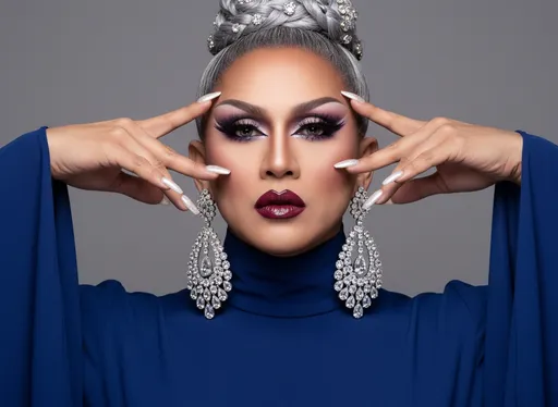 Prompt: A striking, mature Filipino drag queen commands attention with their dramatic makeup and elegant styling, framed against a soft gray background. The focus sharpens on their flawless complexion, accentuated by high cheekbones and defined brows, while bold false lashes and perfectly shaped lips add to the allure. Dangling from their ears are extravagant, teardrop-shaped earrings adorned with sparkling stones that catch the light beautifully. Their hands (with long manicured nails), gently placed on either side of the face, enhance the overall composition, which conveys a sense of poise and glamour, embodying an artful blend of beauty and confidence in a contemporary portrait.