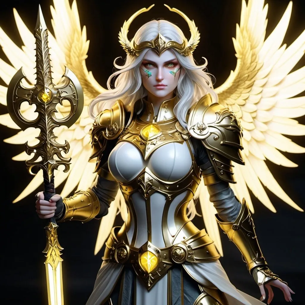 Prompt: DnD style Aasimar with golden mask, sword, and shield, glowing golden eyes, intricate gold details, high quality, fantasy, detailed armor, radiant lighting, heroic pose, divine aura, buxom female,  Full Mask